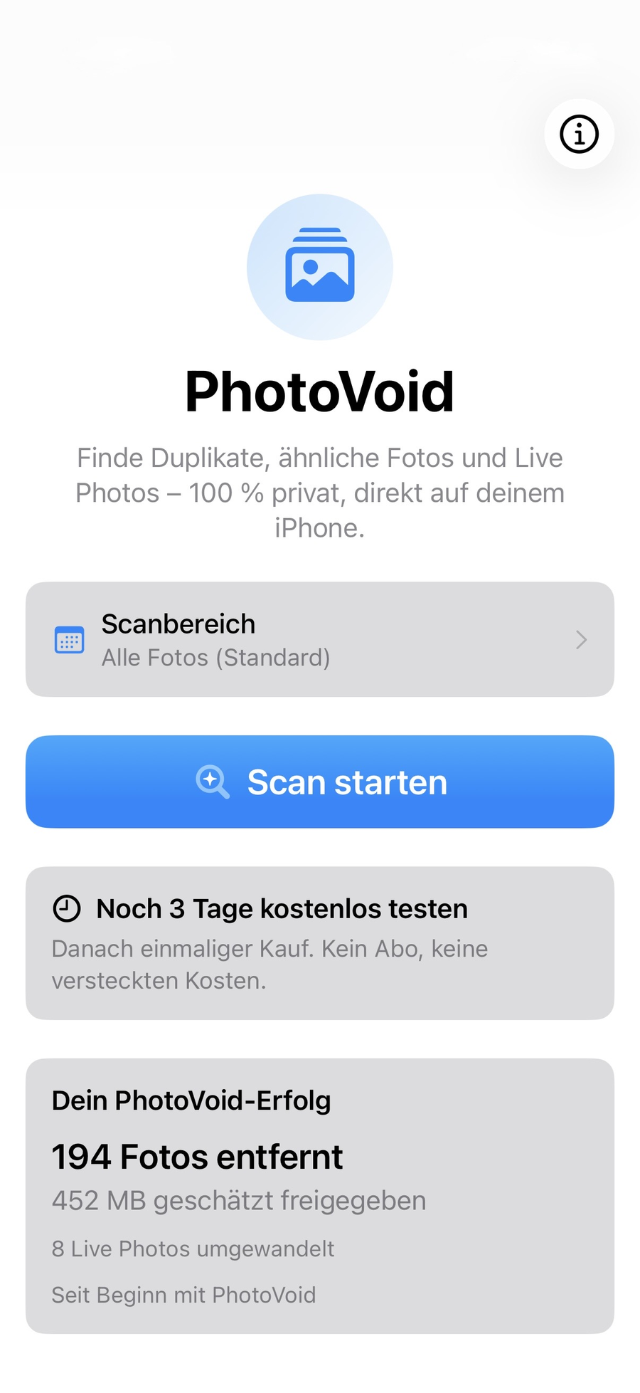 PhotoVoid Home-Bildschirm mit Scanbereich und Scan starten Button
