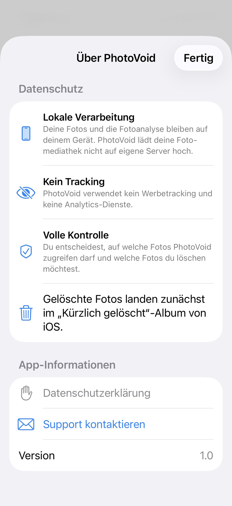 PhotoVoid Datenschutz-Bildschirm mit lokaler Verarbeitung, kein Tracking und voller Kontrolle